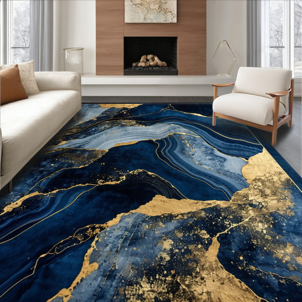 Navy Gold Abstract Flow Elegant Rug