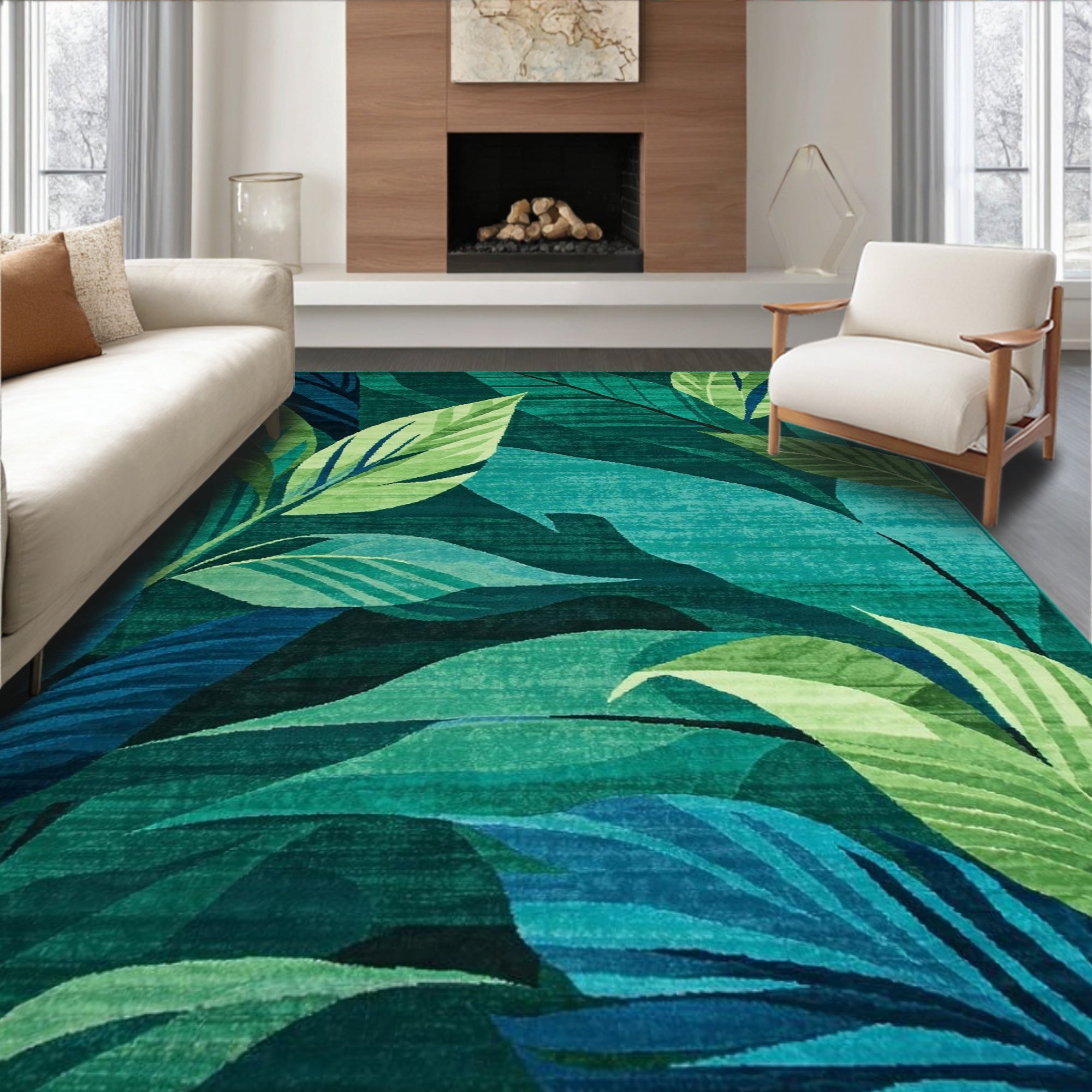 Vibrant Teal Tropical Leaf Rug