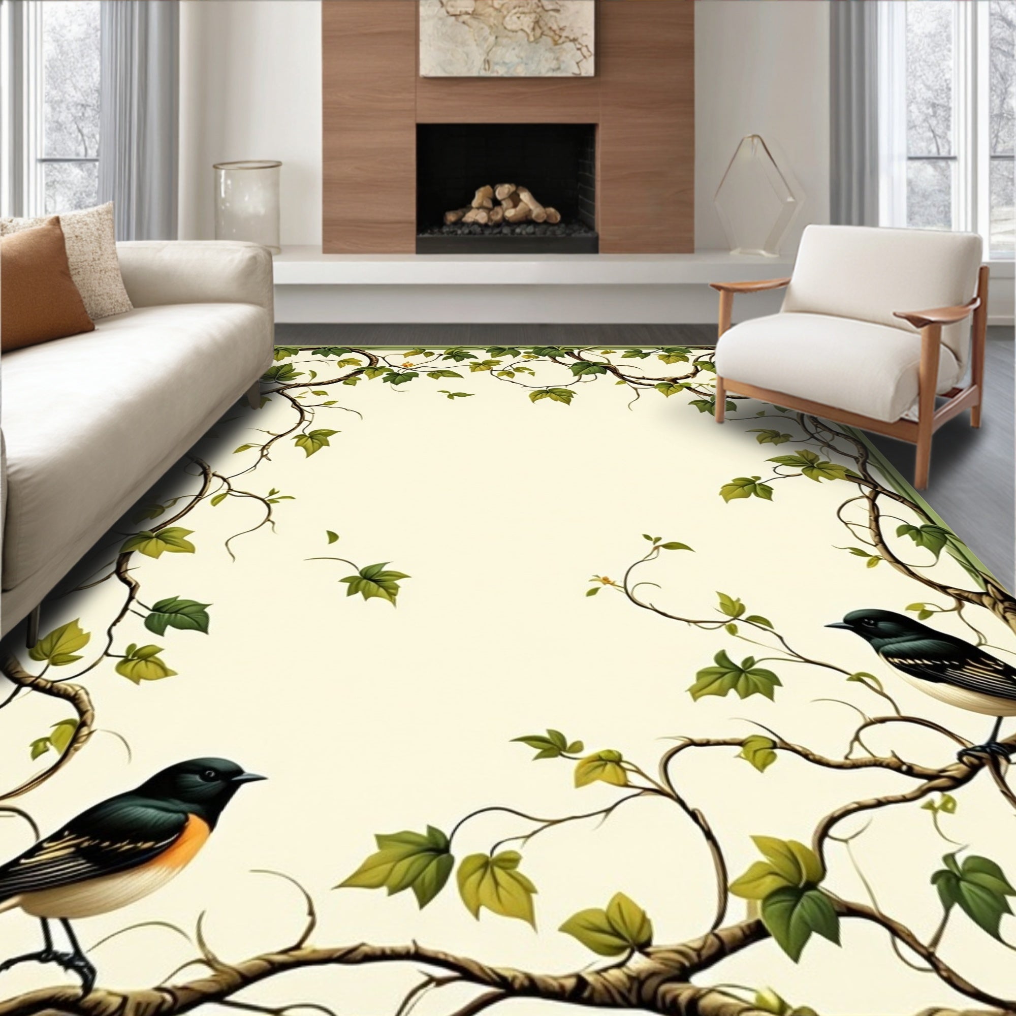 Serene Green Vine Bird Rug(Ivory)