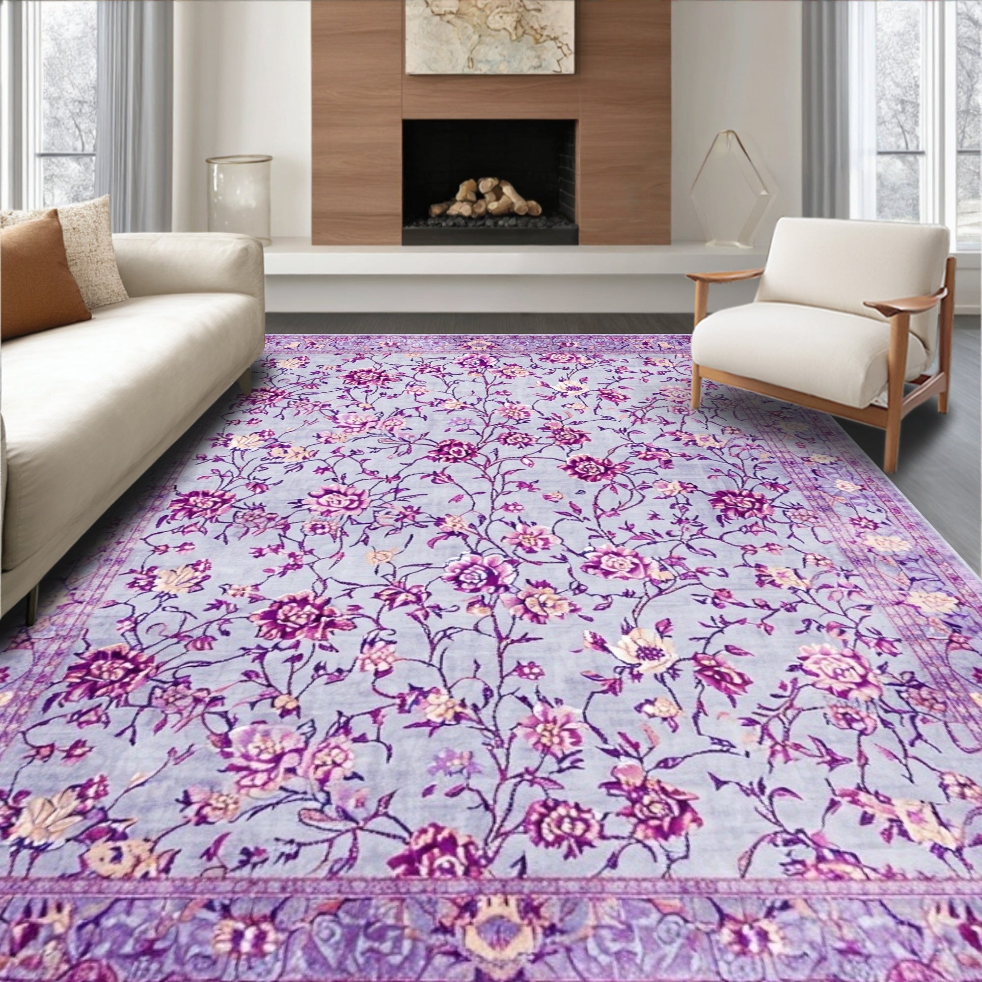 Lavender Blue Floral Romantic Rug(Purple)
