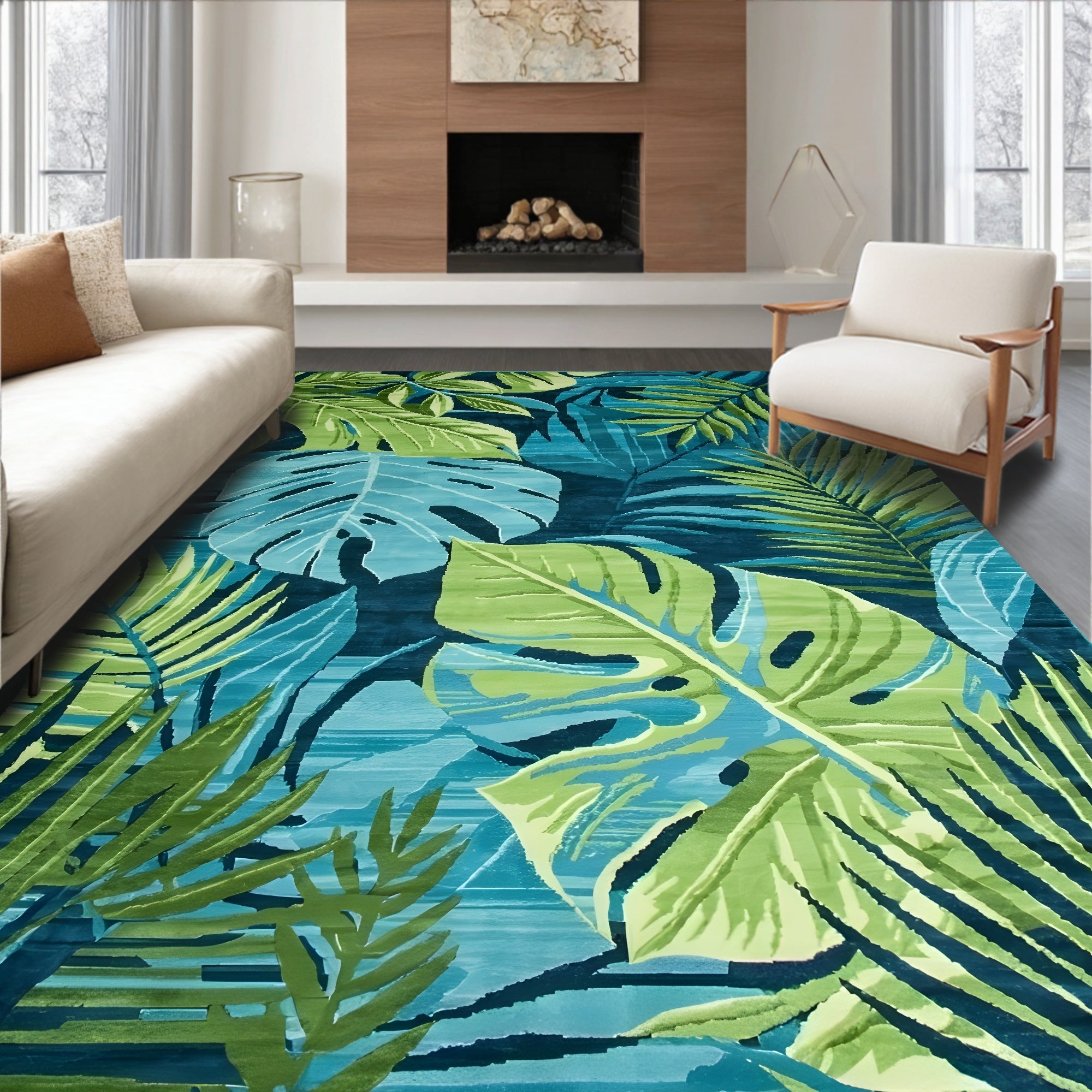 Vibrant Teal & Green Tropical Foliage Rug(Blue)