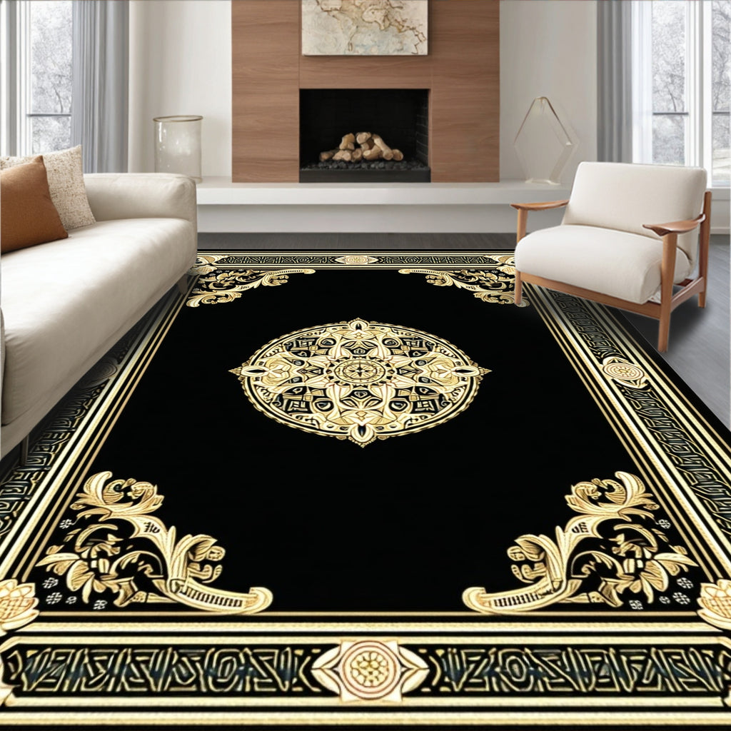 Black Gold Intricate Medallion Sophisticated Rug(Black)