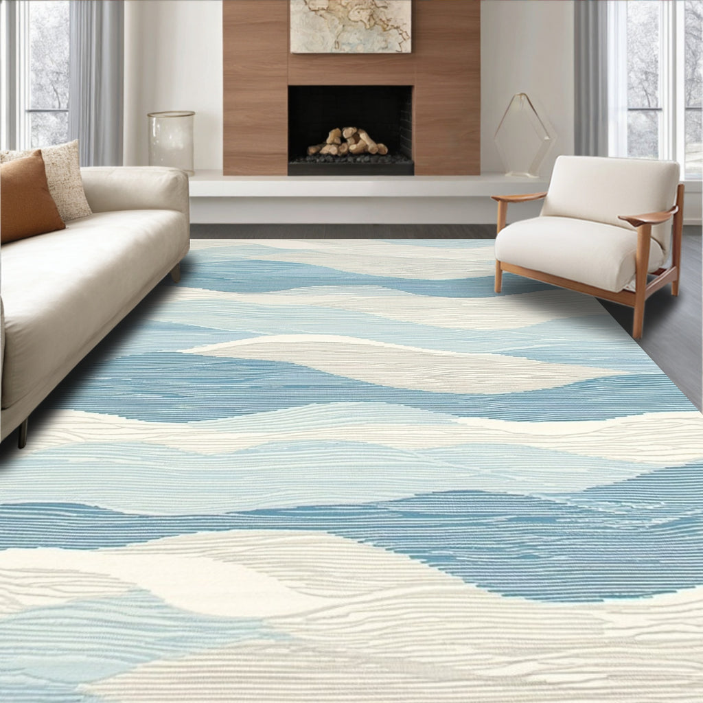 Tranquil Blue and White Wave Rug