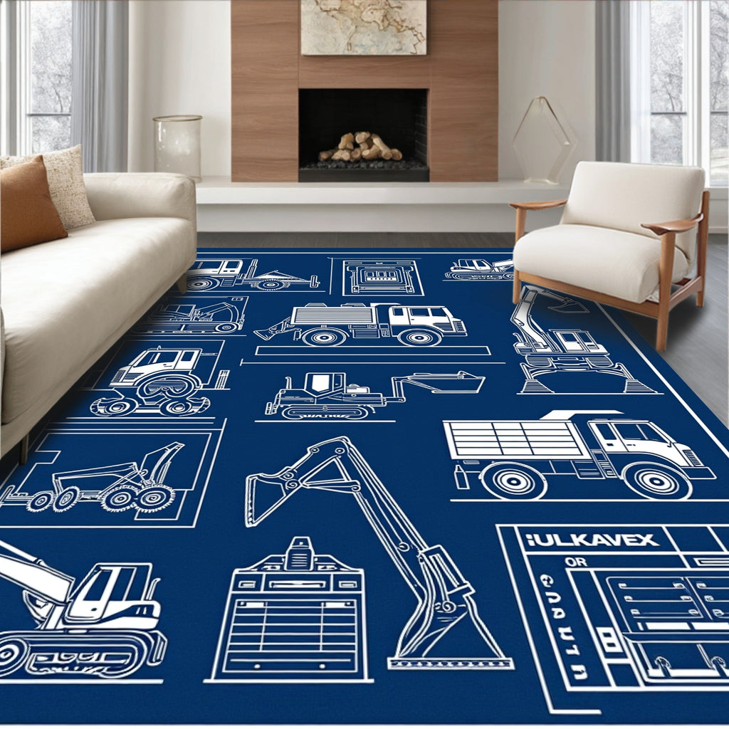 Navy Industrial Blueprint Rug