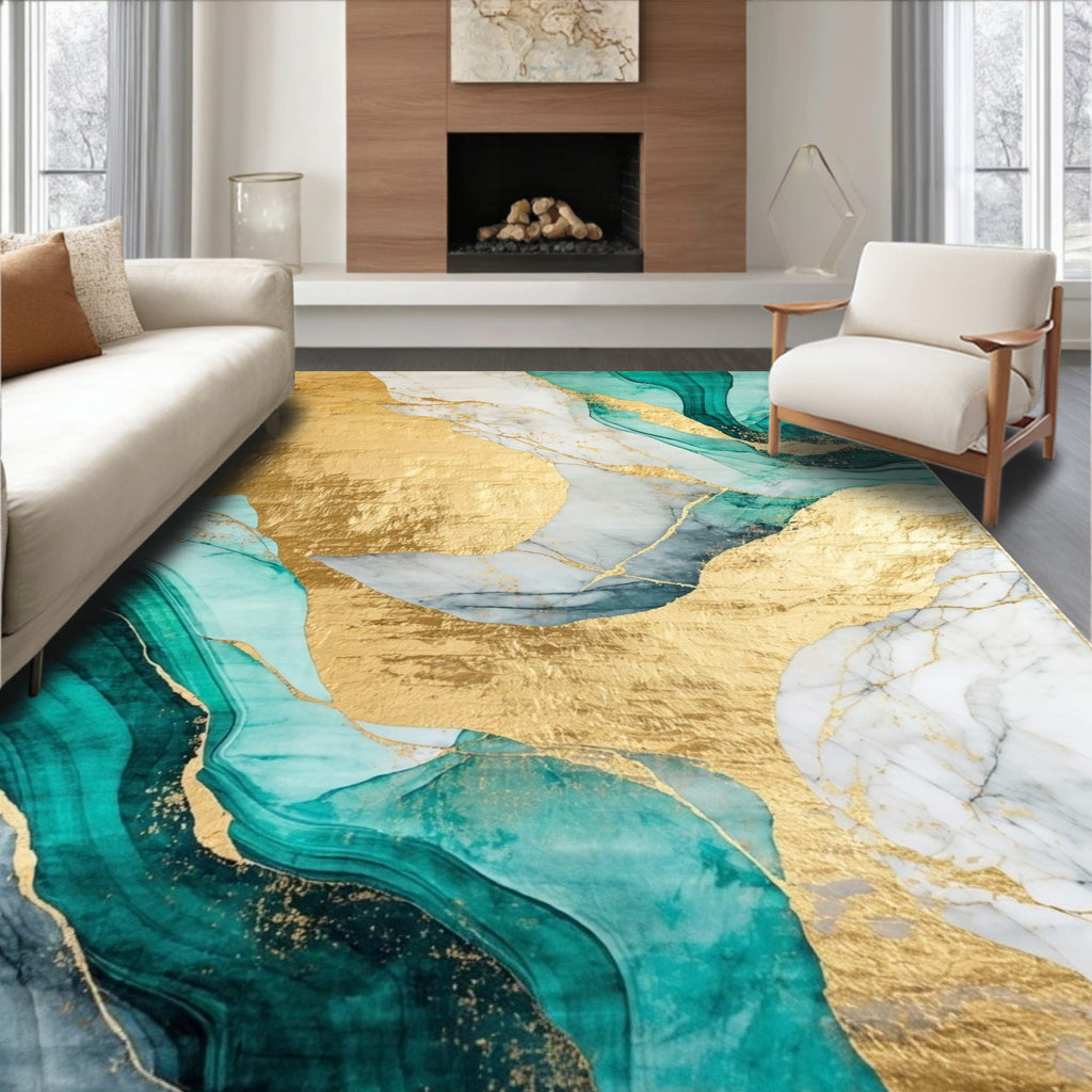 Teal & Gold Abstract Elegant Rug