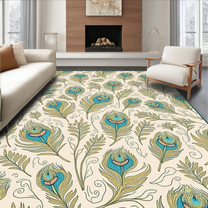 Whimsical Teal Gold Peacock Feather Rug(Ivory)