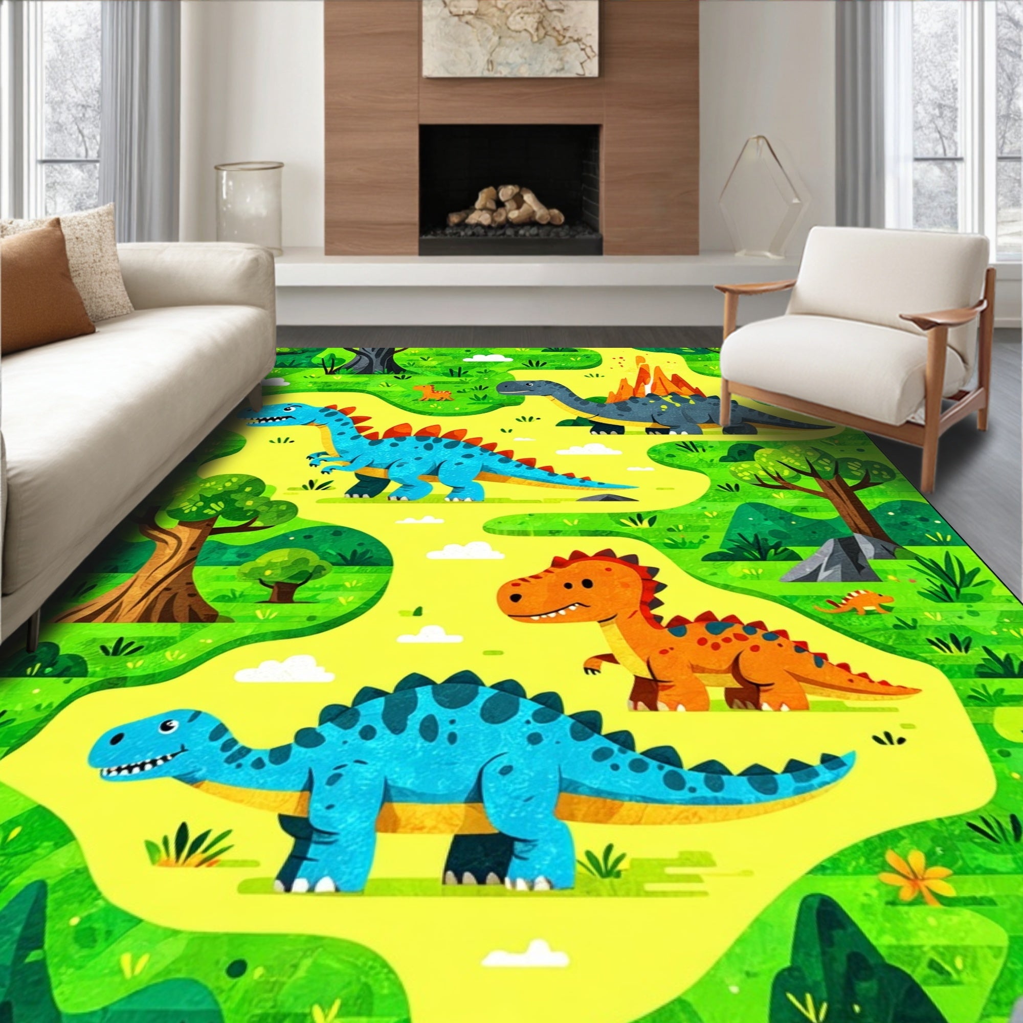 Vibrant Green-Yellow Dinosaur Play Rug