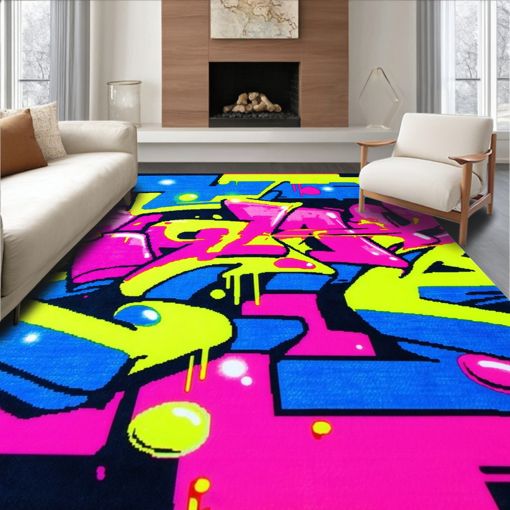 Energetic Neon Graffiti Street Rug