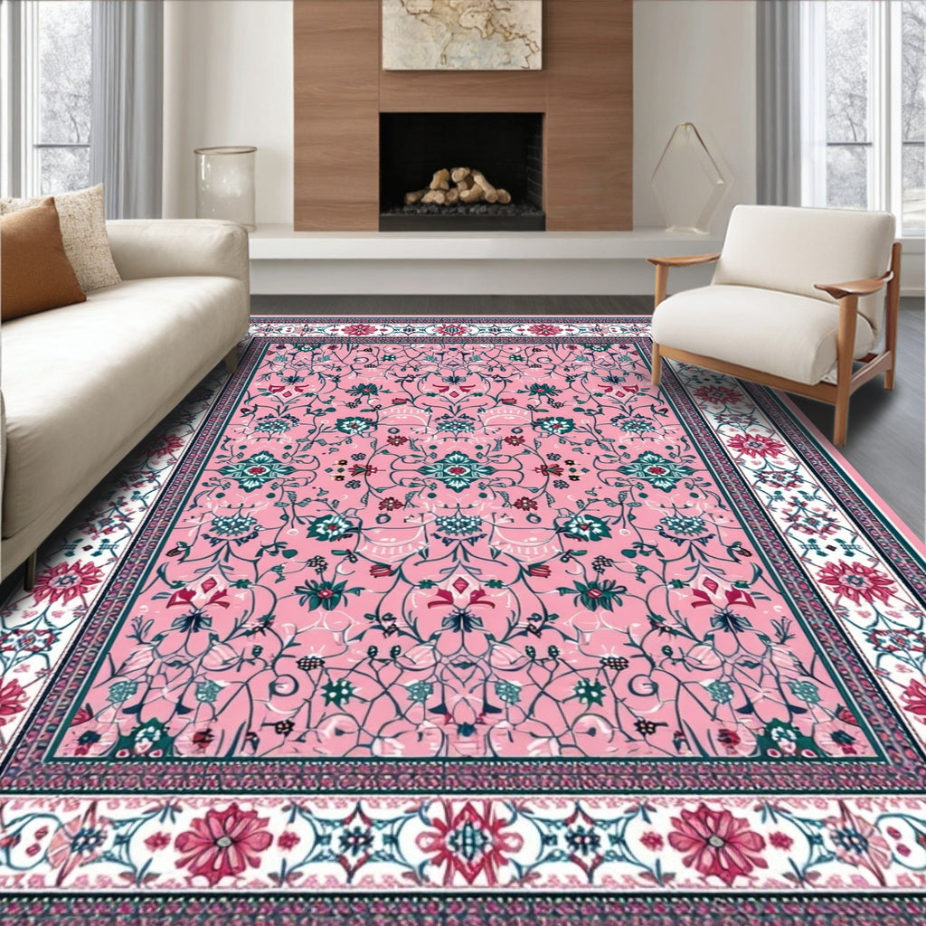 Elegant Pink Intricate Floral Rug(Pink)