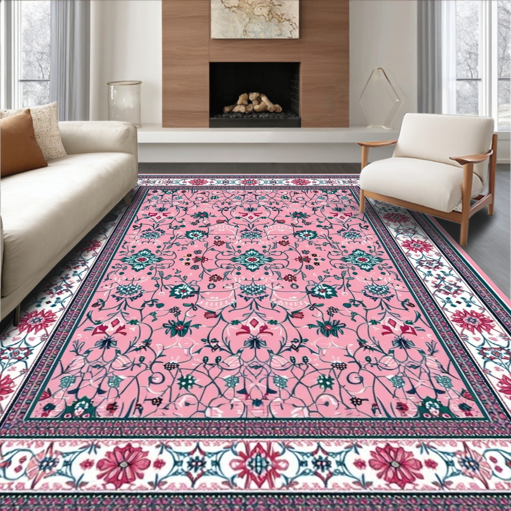 Elegant Pink Intricate Floral Rug(Pink)
