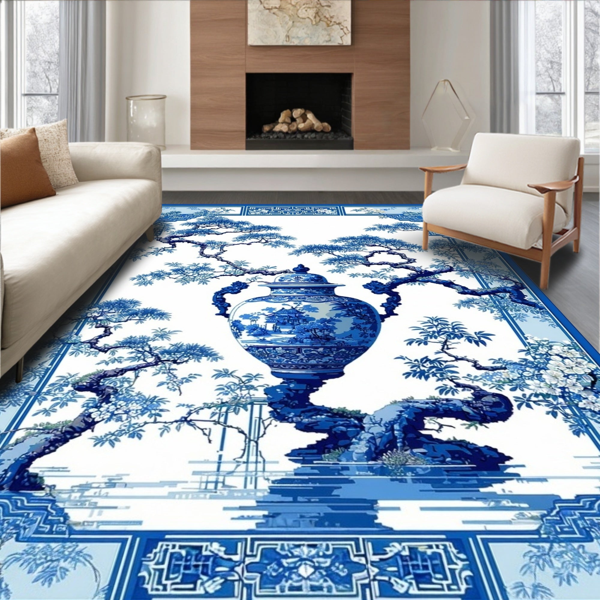 Blue-and-White Intricate Traditional Serene Rug(Blue)