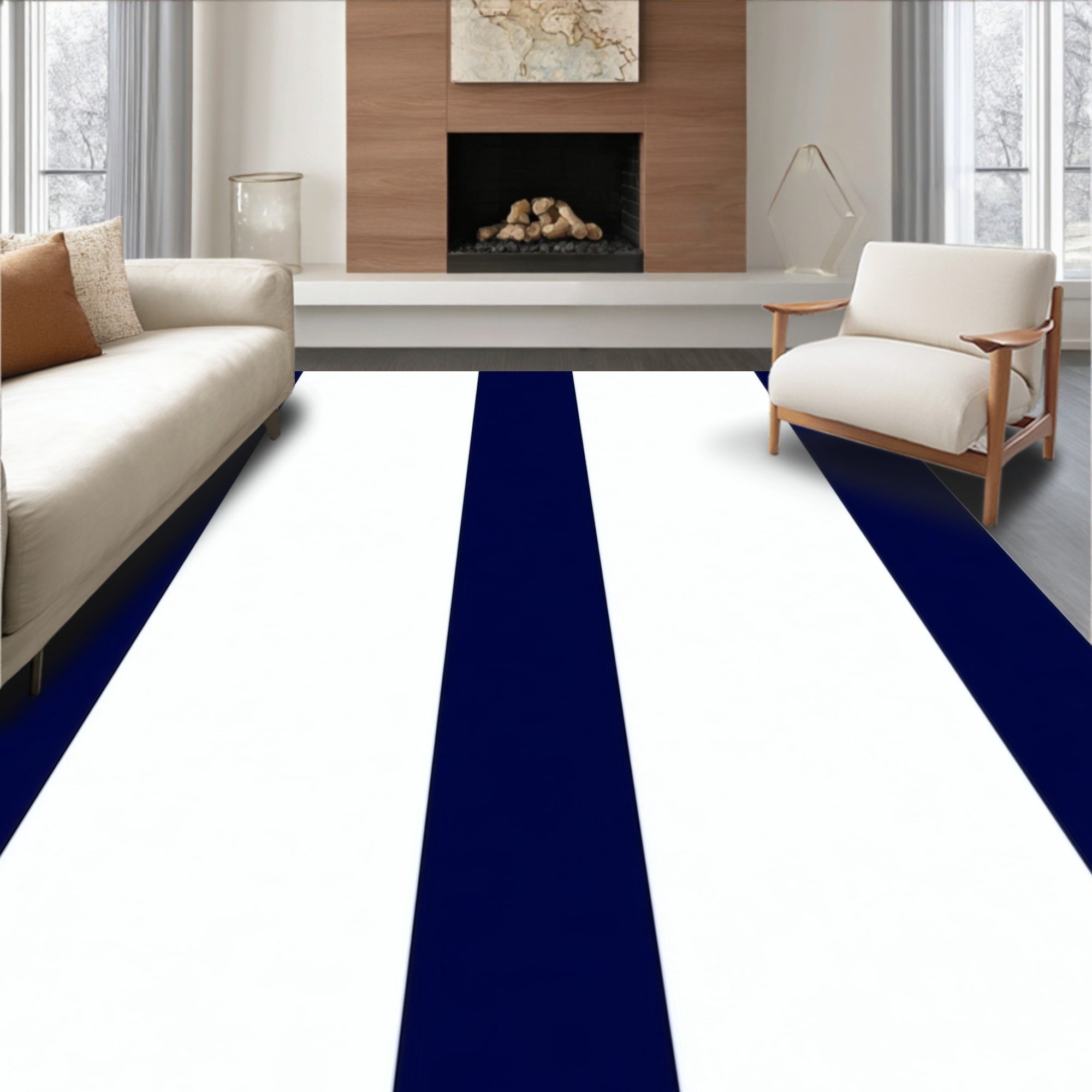 Navy & White Striped Modern Rug(Blue)