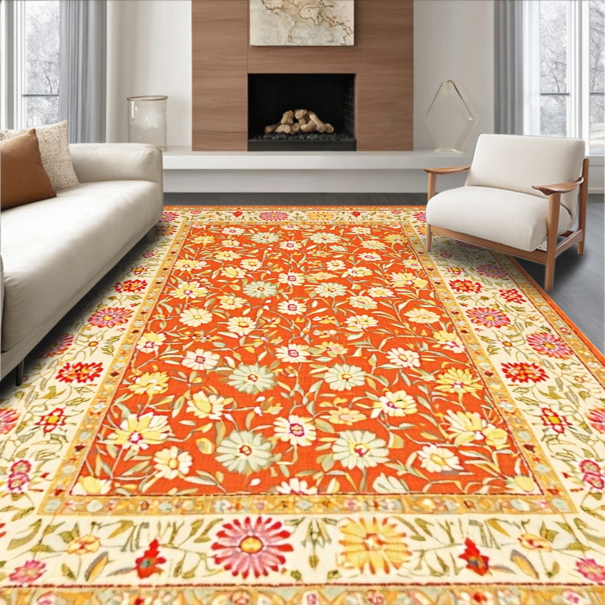 Vibrant Orange Floral Cheerful Rug(Orange)