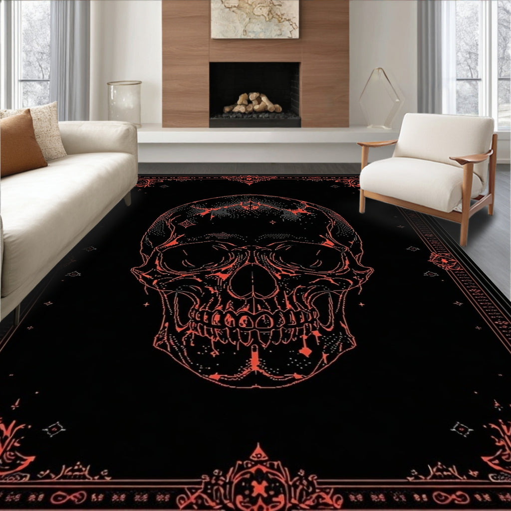 Black & Red Ornate Skull Moody Rug(Black)