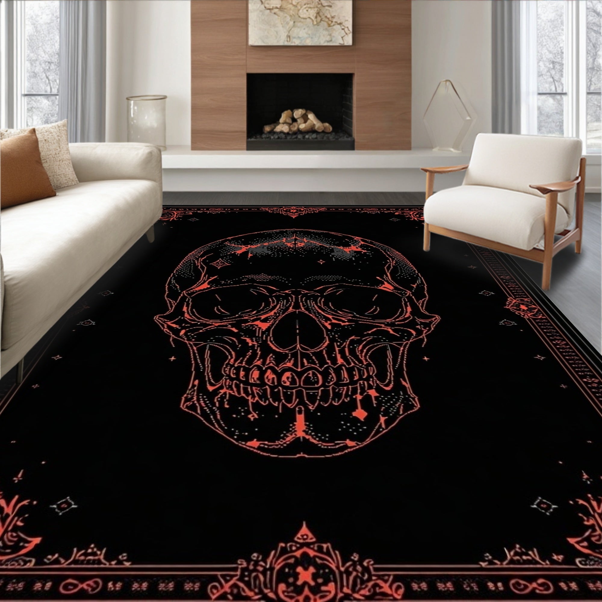 Black & Red Ornate Skull Moody Rug(Black)