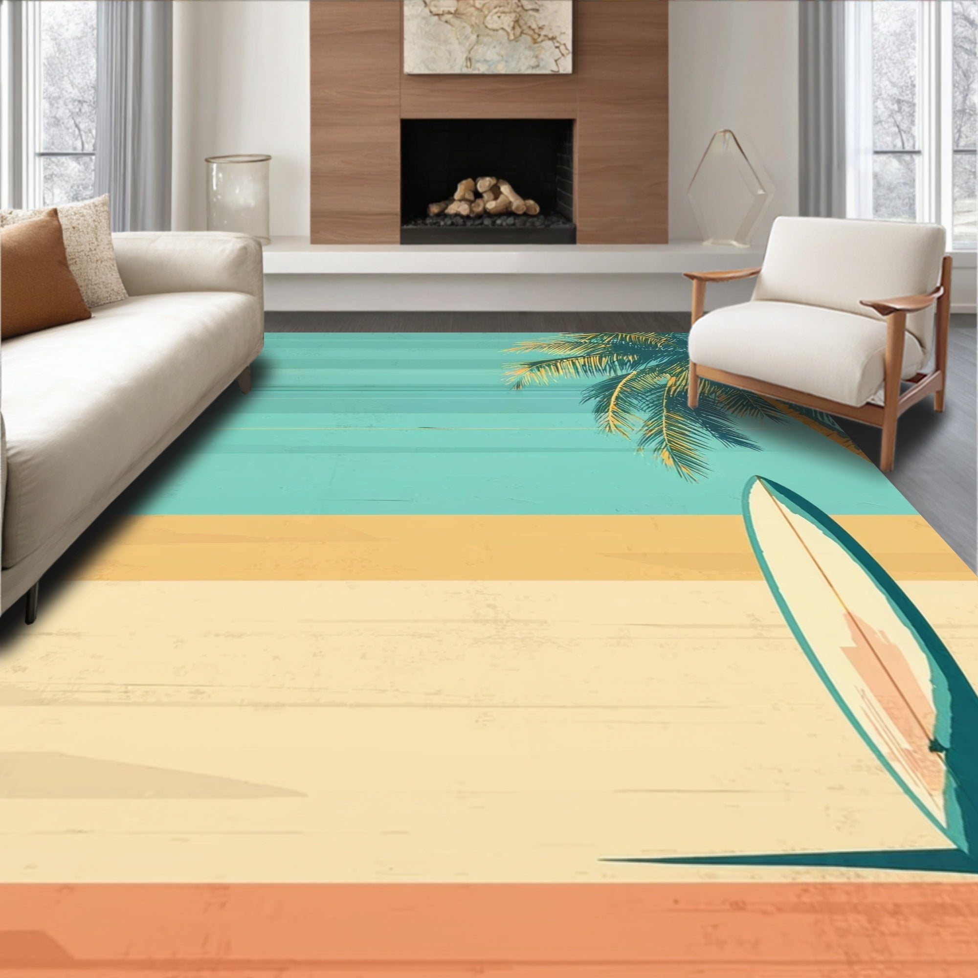 Retro Teal Beach Scene Rug(Blue)