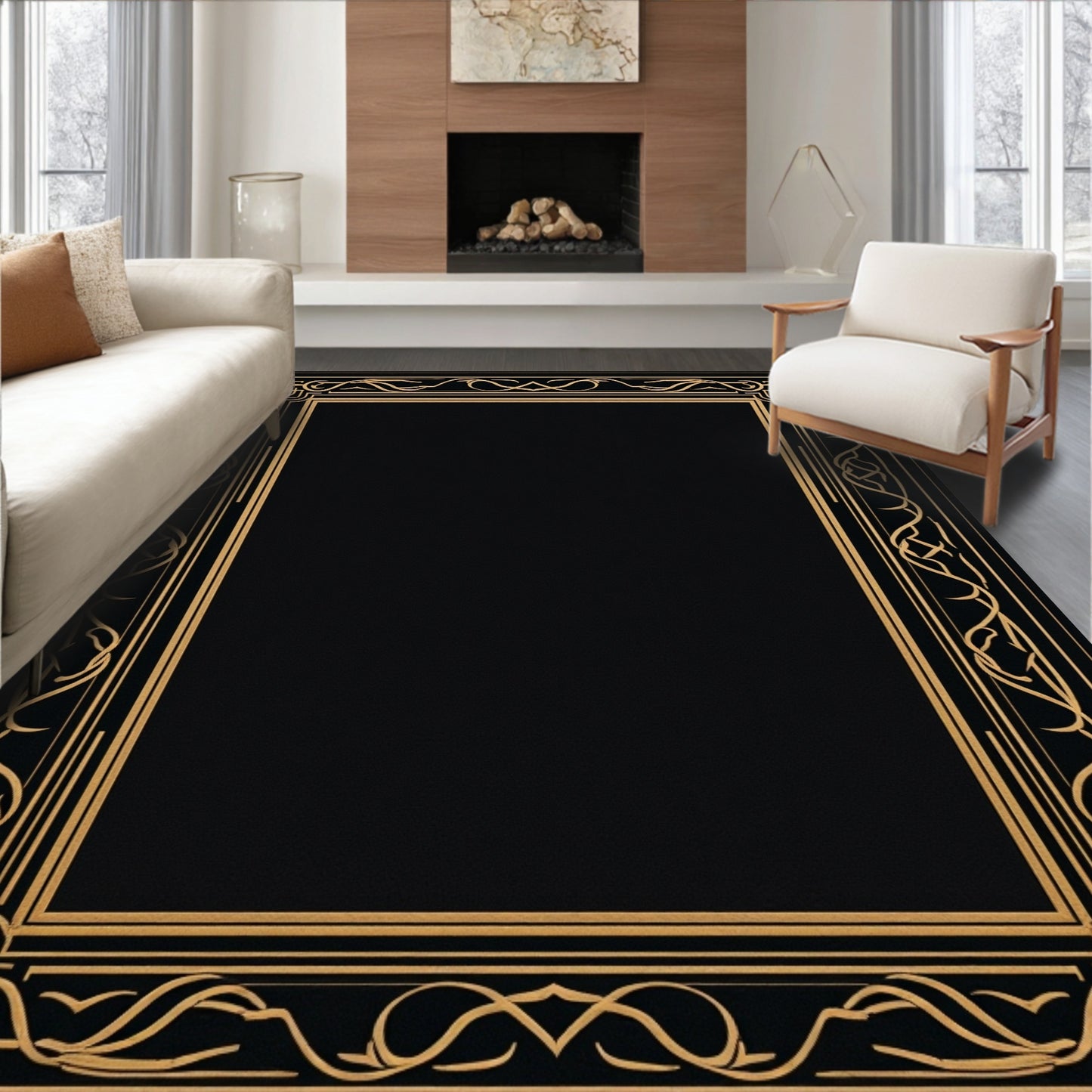 Elegant Black Gold Ornate Rug(Black)