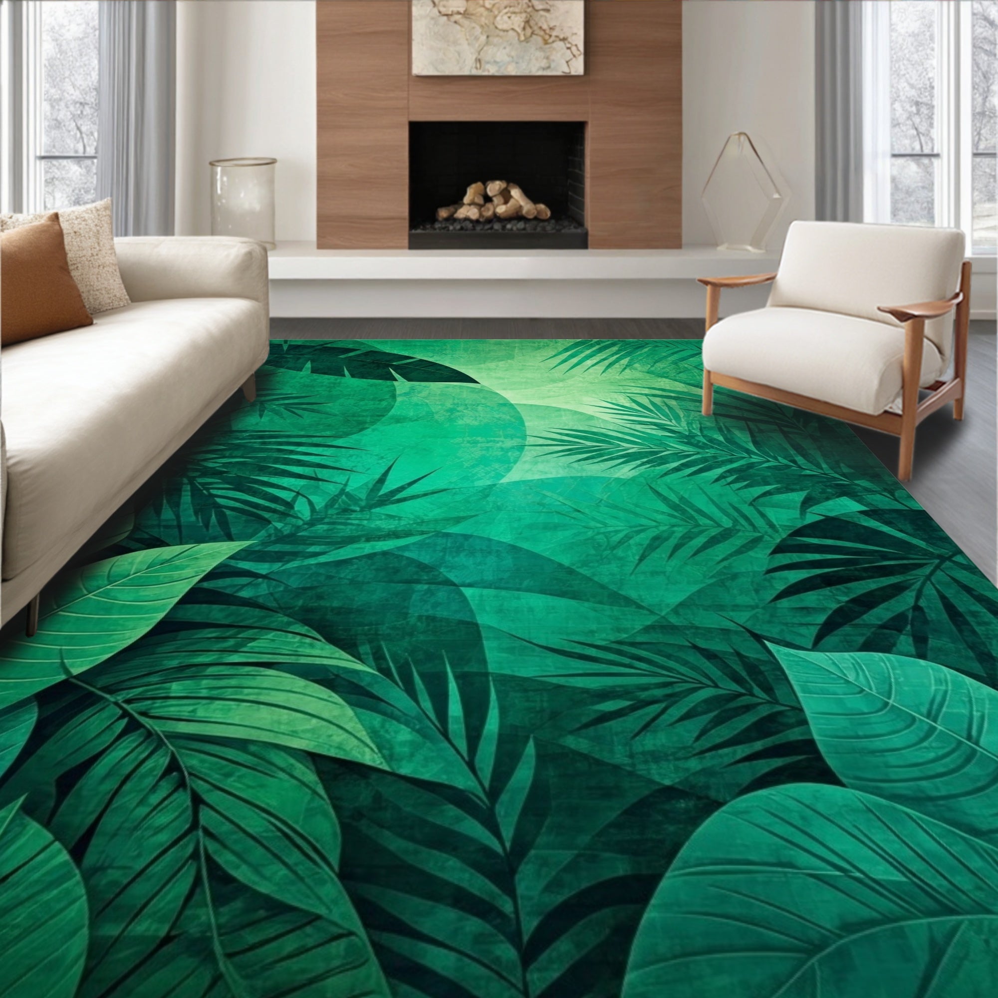 Vibrant Lush Green Tropical Leaf Rug