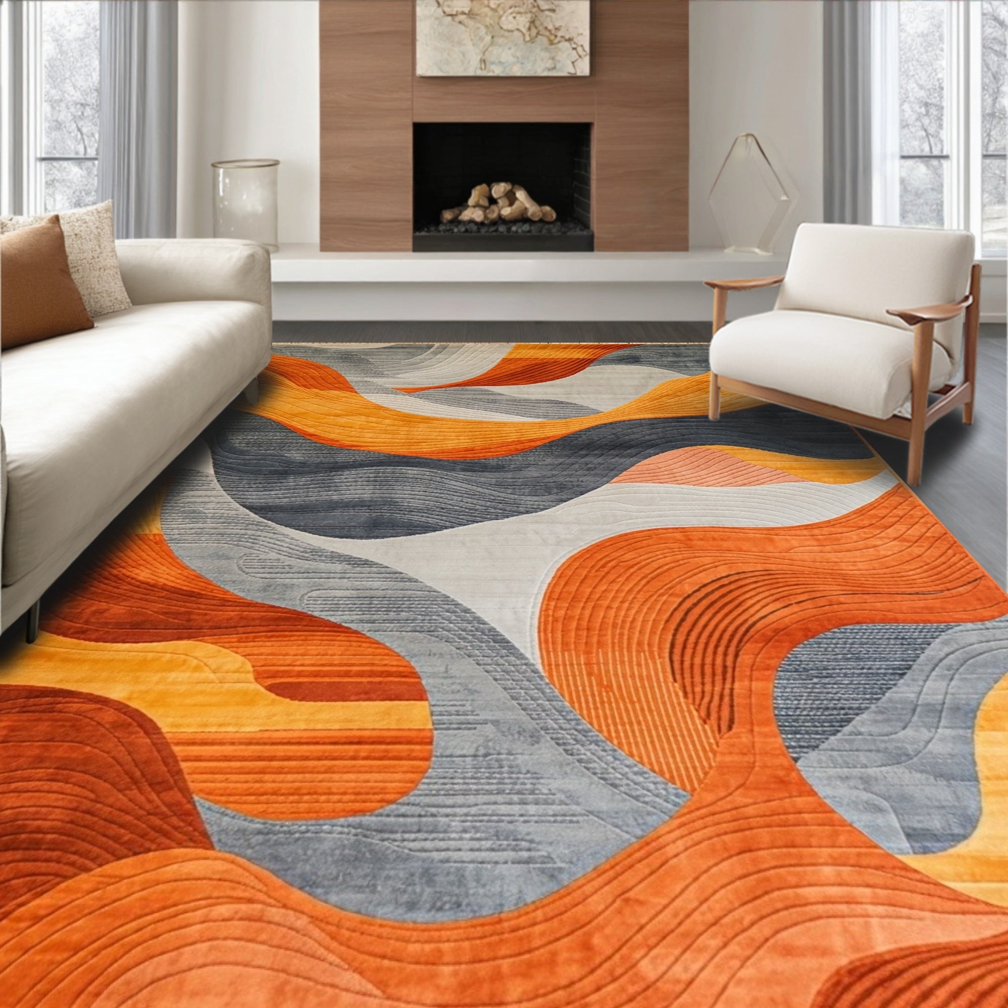 Vibrant Orange-Gray Flowing Wave Rug(Orange)