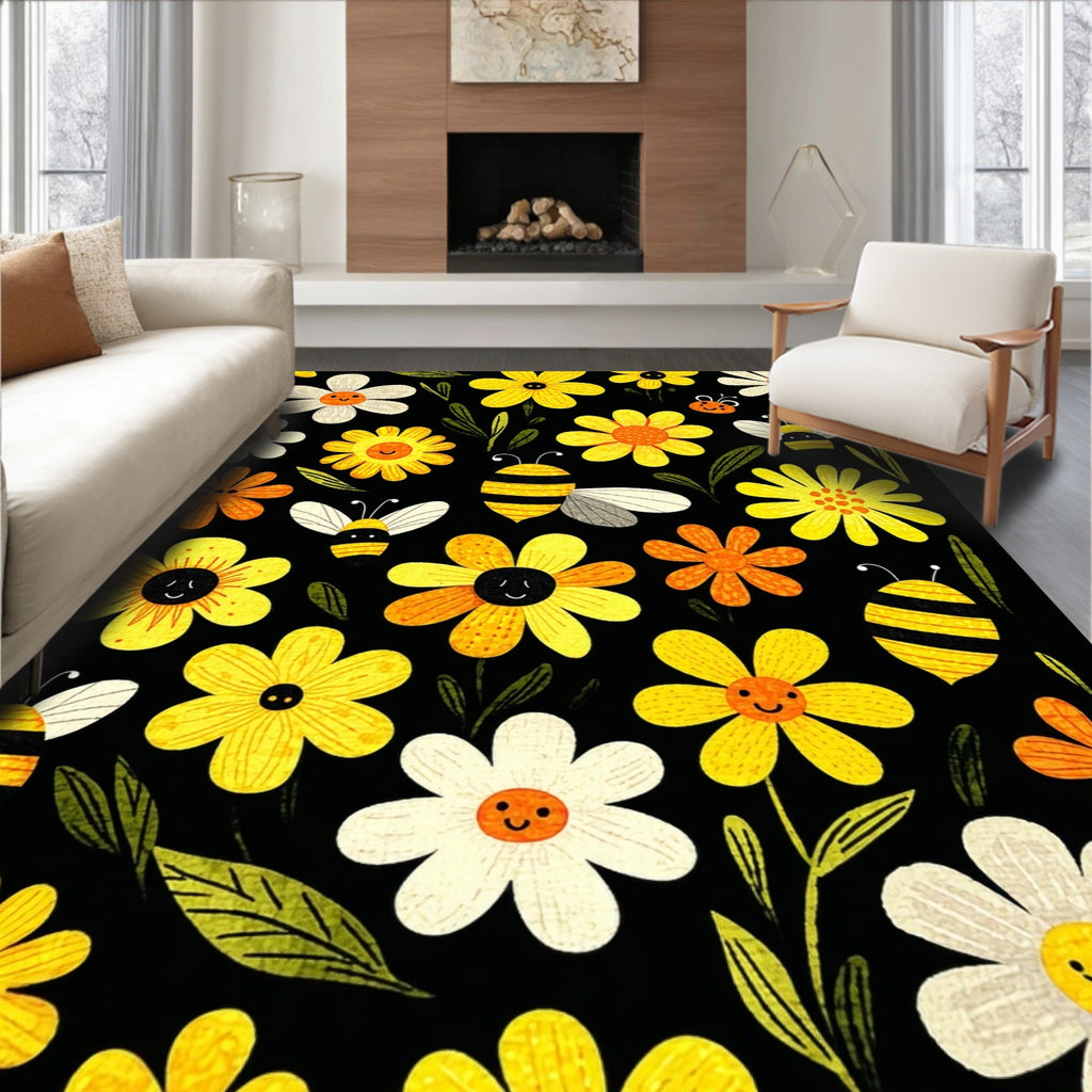 Cheerful Black Floral Bee Rug(Yellow)