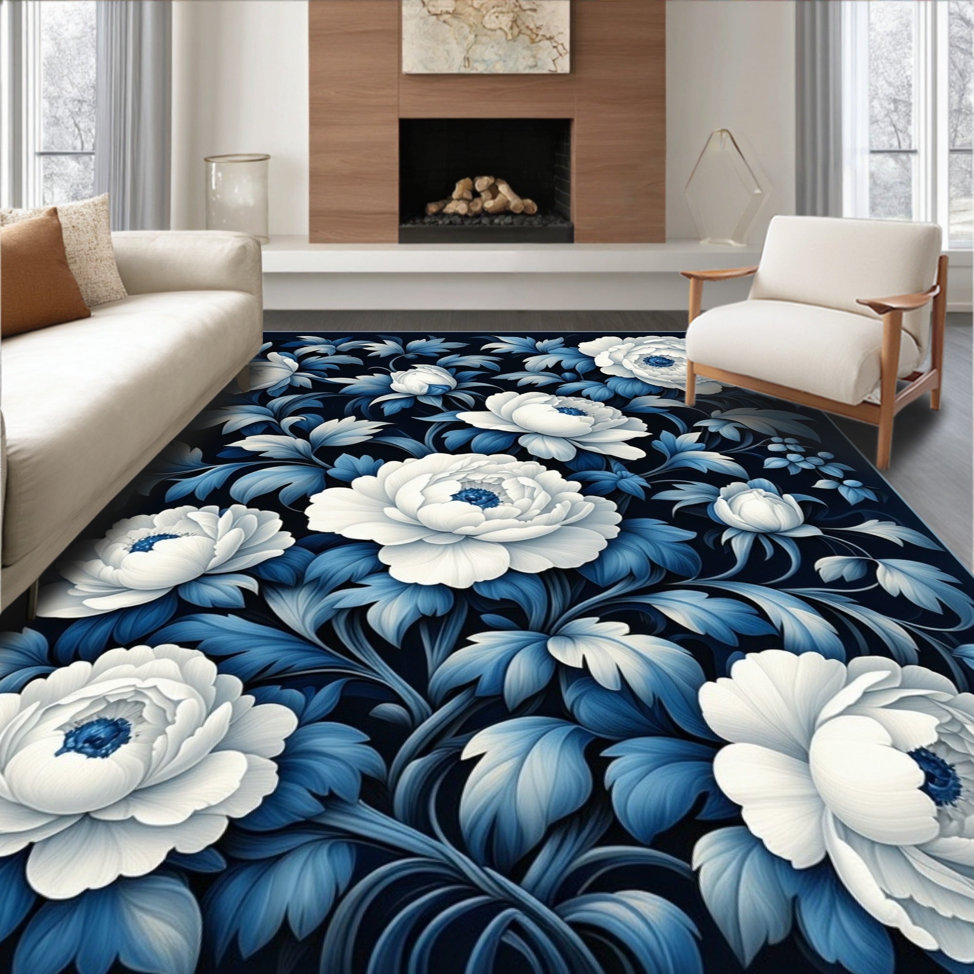 Elegant Navy Blue and White Floral Rug(Blue)