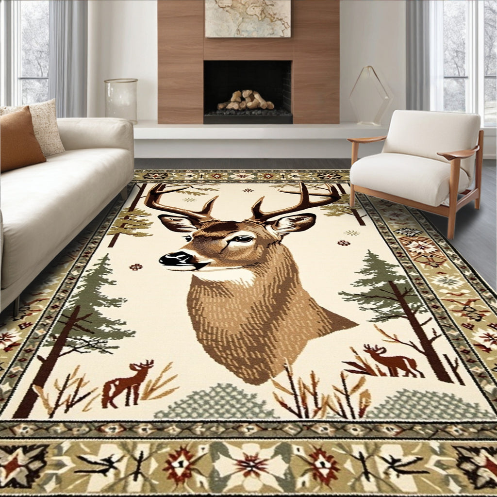Rustic Earthy Deer Forest Rug(Beige)