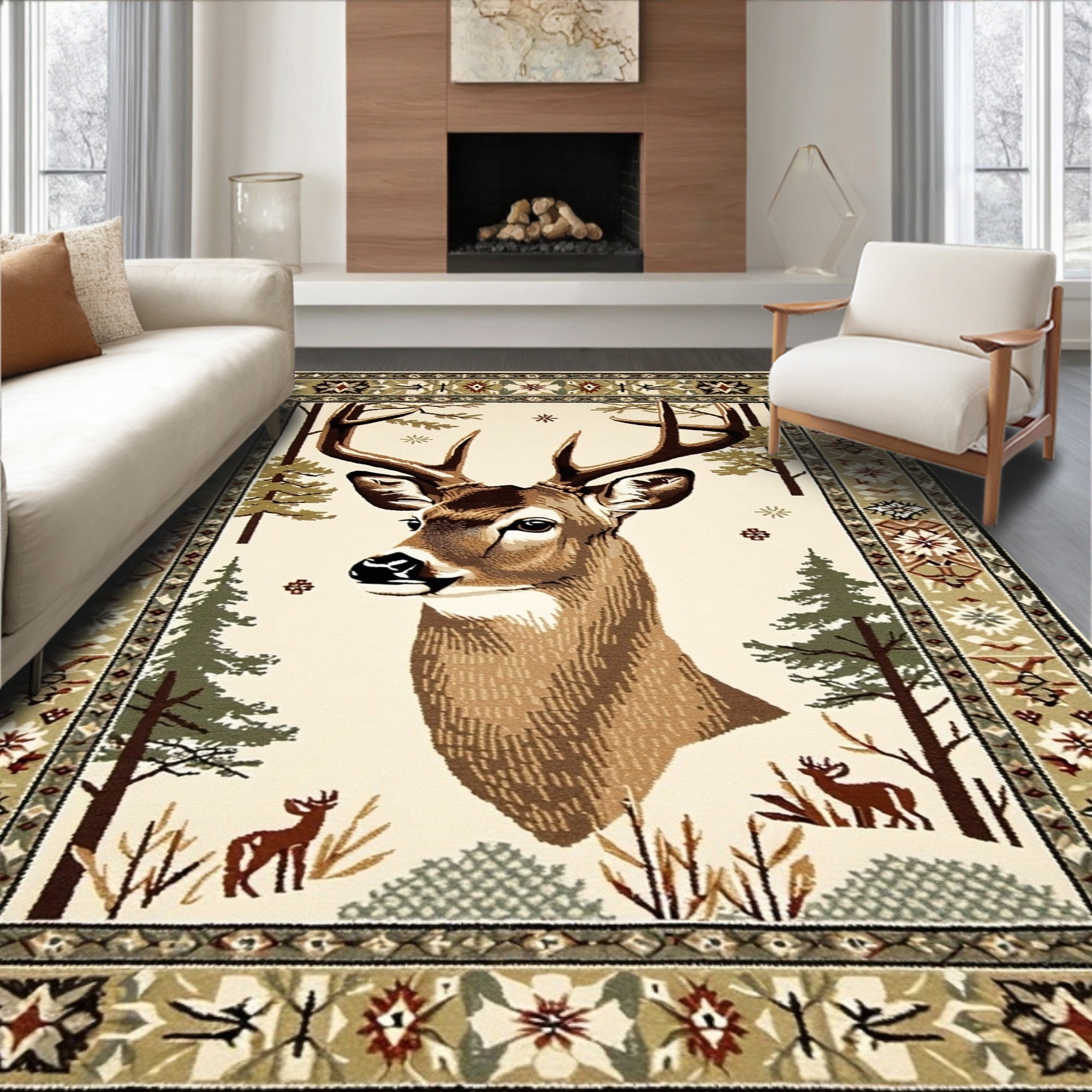 Rustic Earthy Deer Forest Rug(Beige)