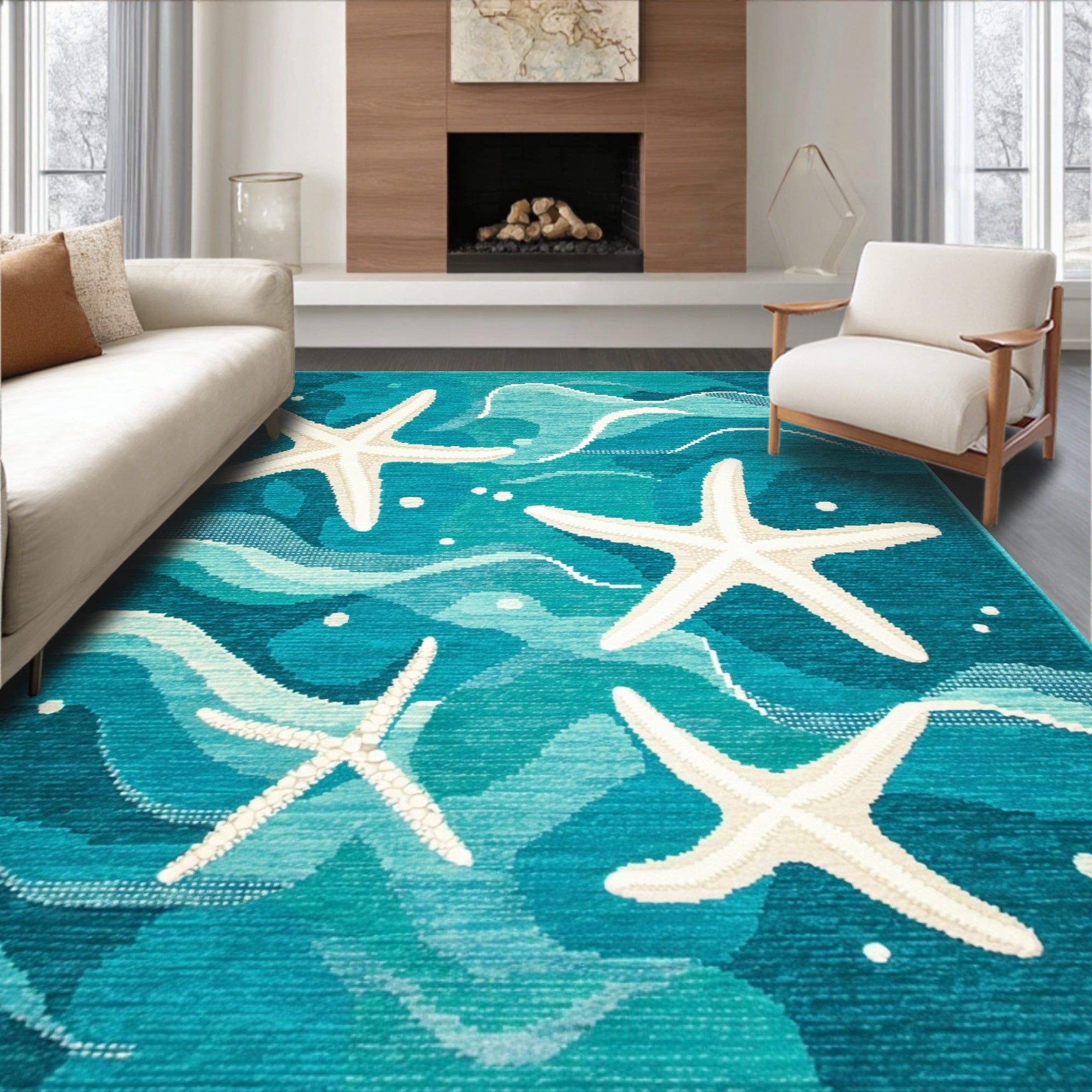 Teal Coastal Starfish Waves Rug(Blue)