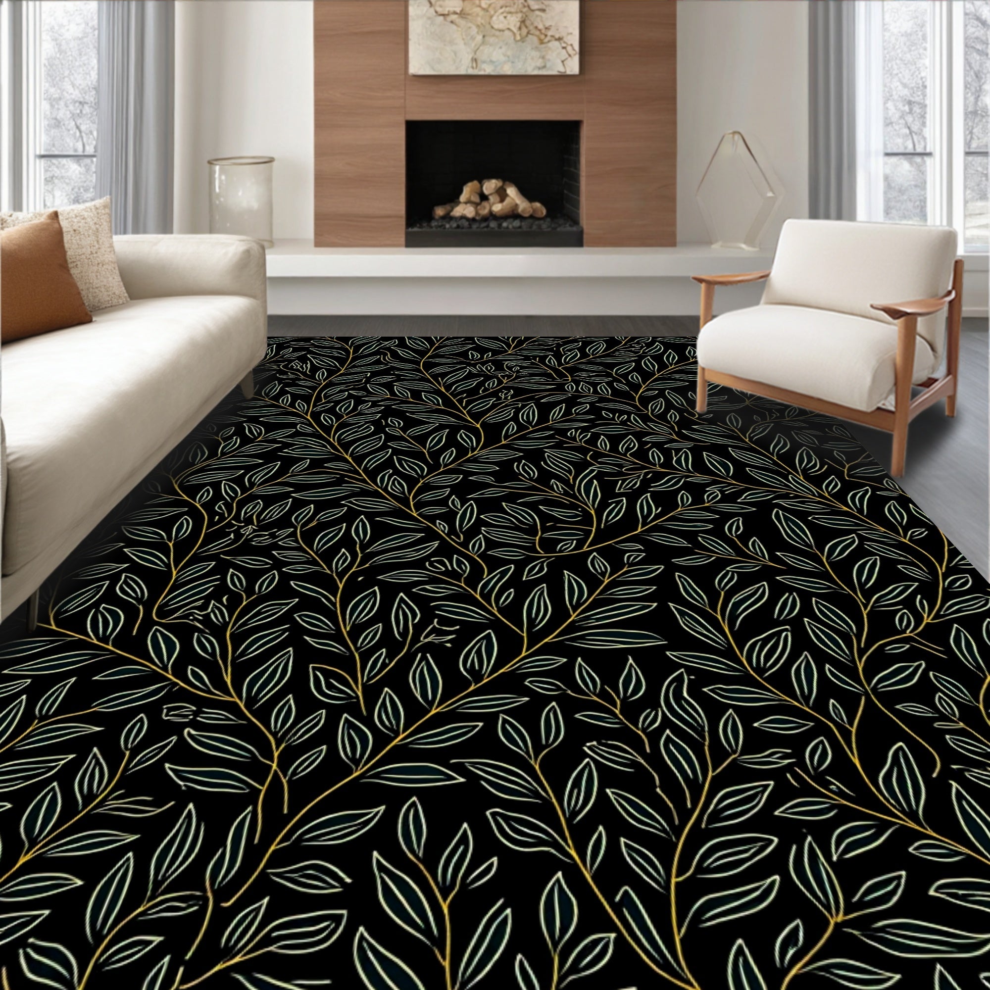 Elegant Black Gold Leaf Vine Rug(Black)