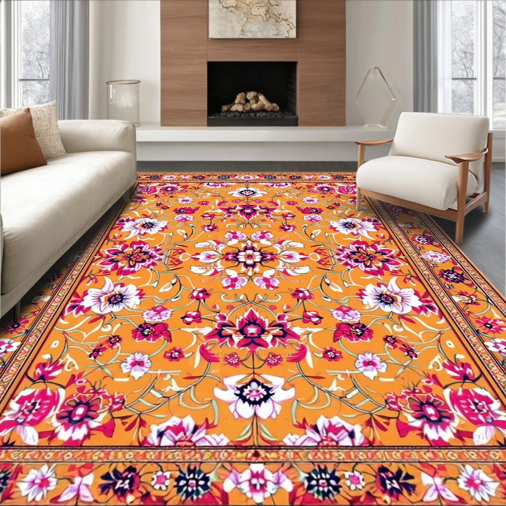 Cheerful Orange Intricate Floral Rug(Orange)