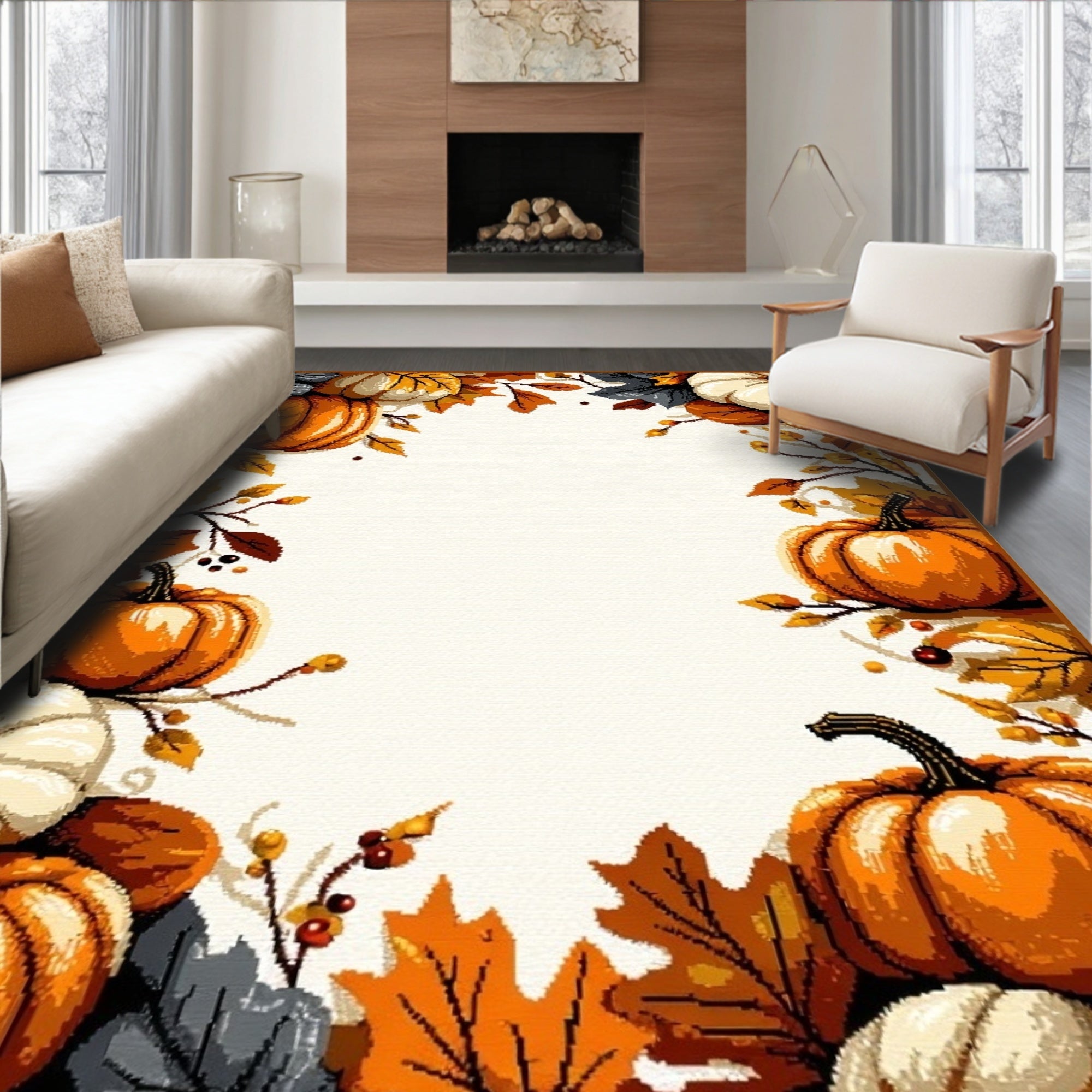 Cozy Fall Pumpkin Leaf Border Rug(Orange)