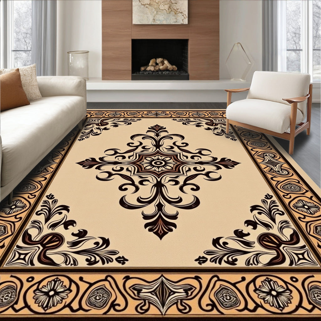 Beige Brown Ornate Elegant Rug(Beige)