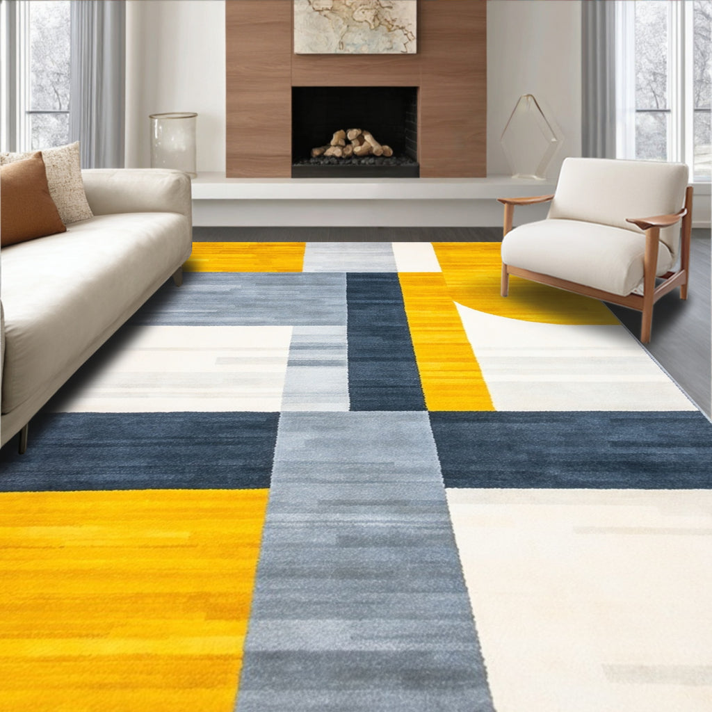 Vibrant Geometric Yellow Gray Navy Rug(Yellow)