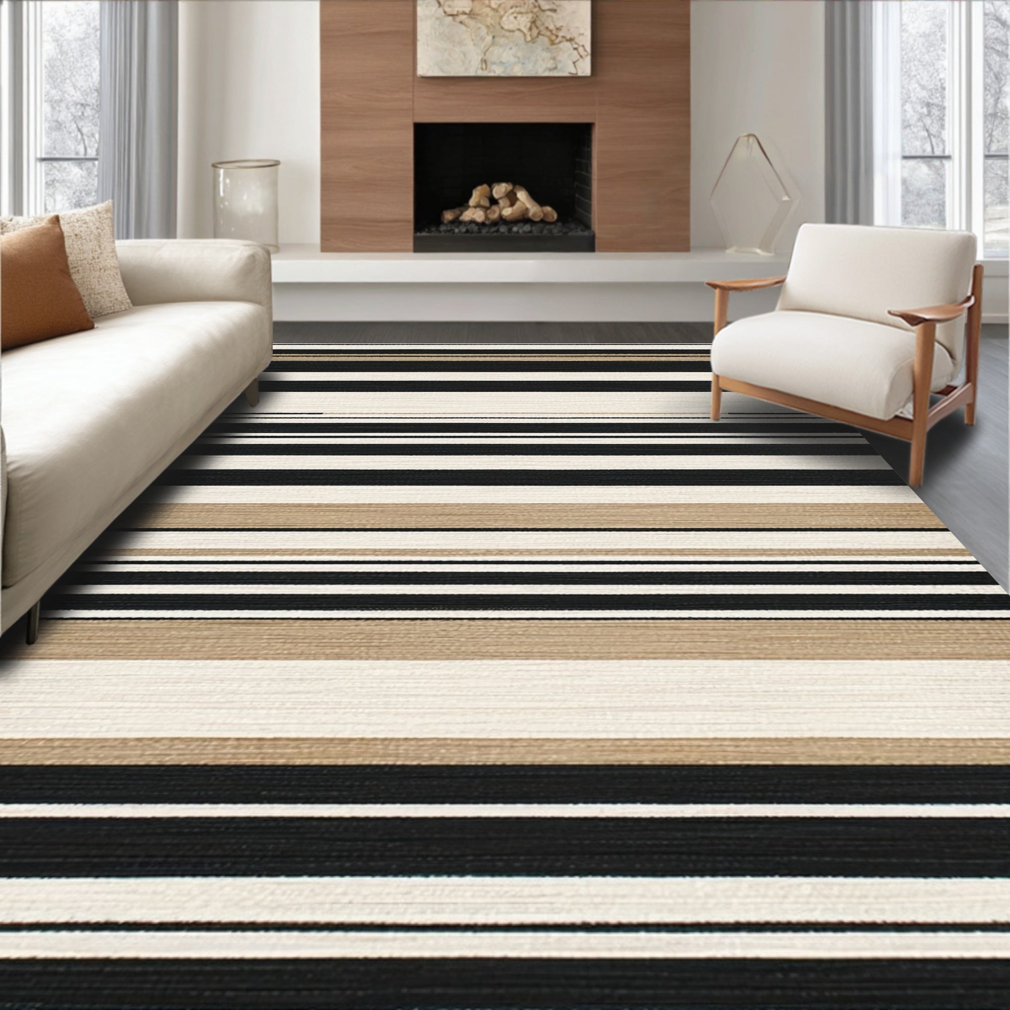 Black White Beige Striped Modern Rug(Beige)