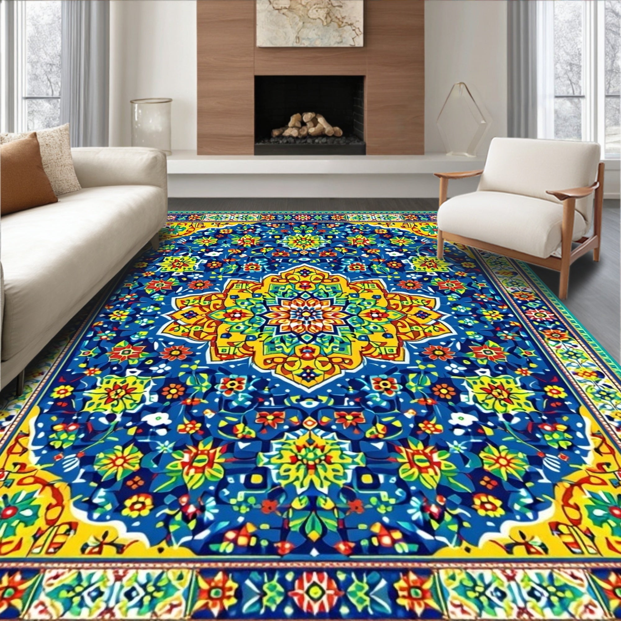 Lively Blue Floral Medallion Rug(Blue)