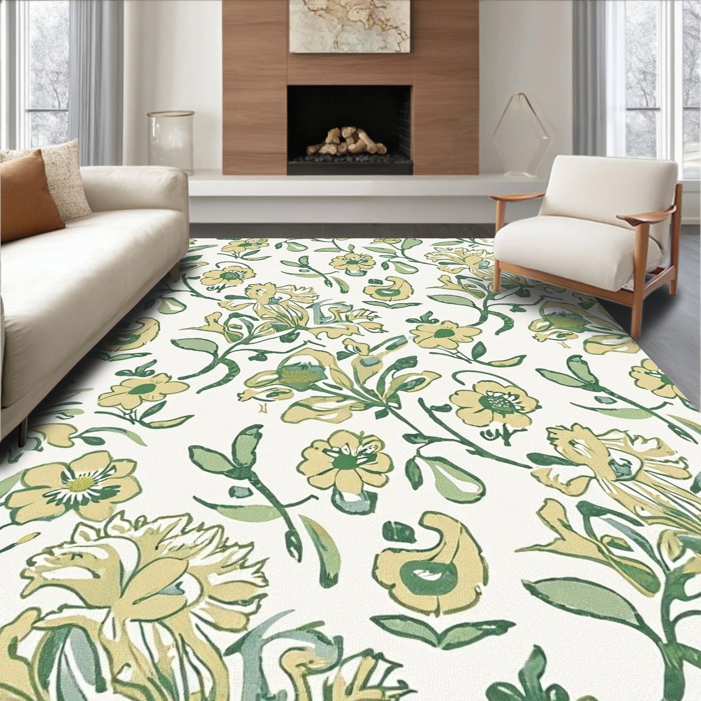 Green-Yellow Floral Serene Rug(Green)