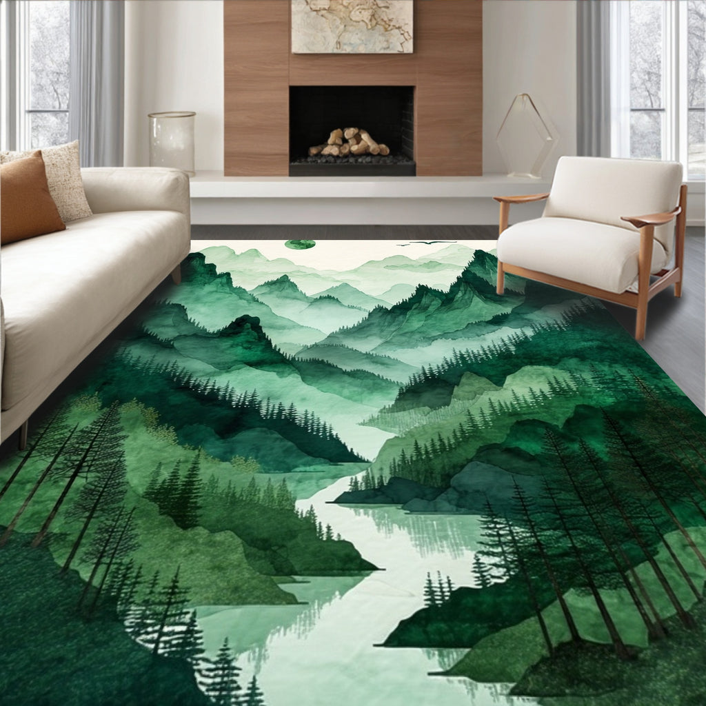 Emerald Green Mountain Forest Serene Rug
