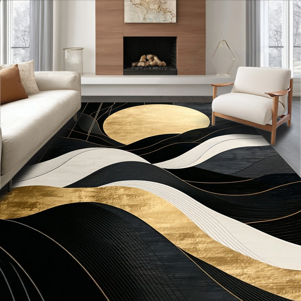 Elegant Black Gold Wavy Rug