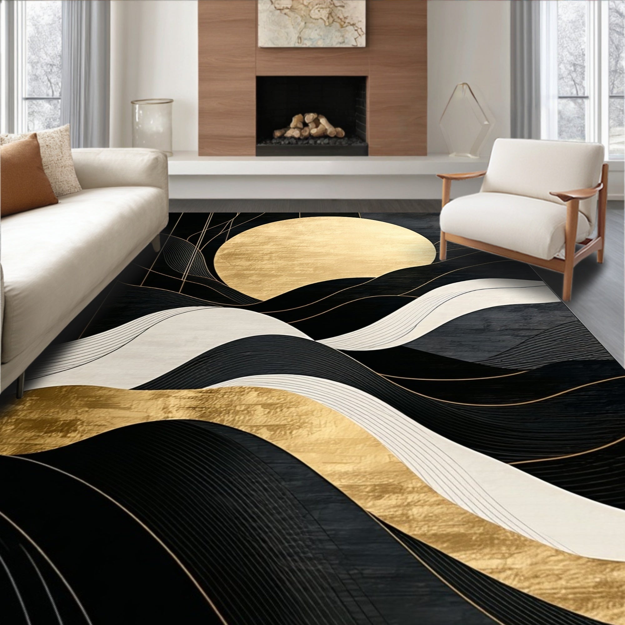 Elegant Black Gold Wavy Rug