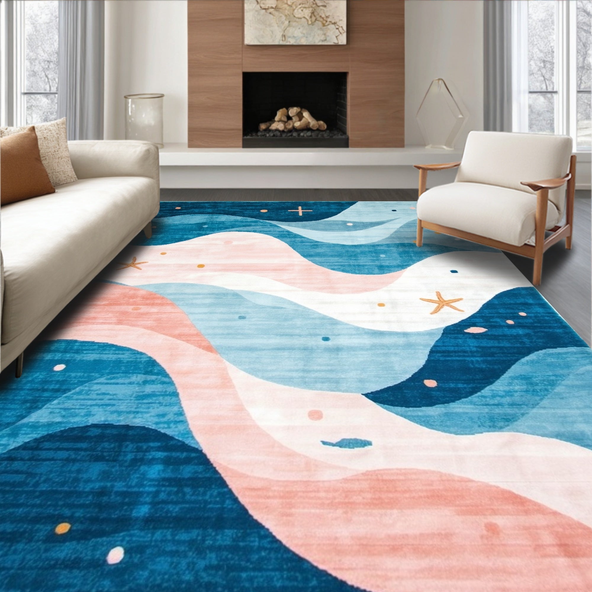 Serene blue-pink wave-patterned coastal rug