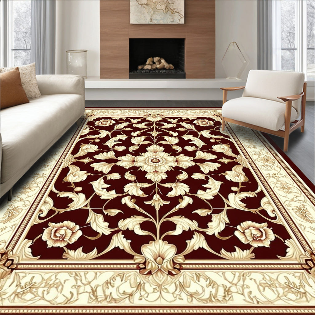 Rich Burgundy Floral Ornate Rug(Red)