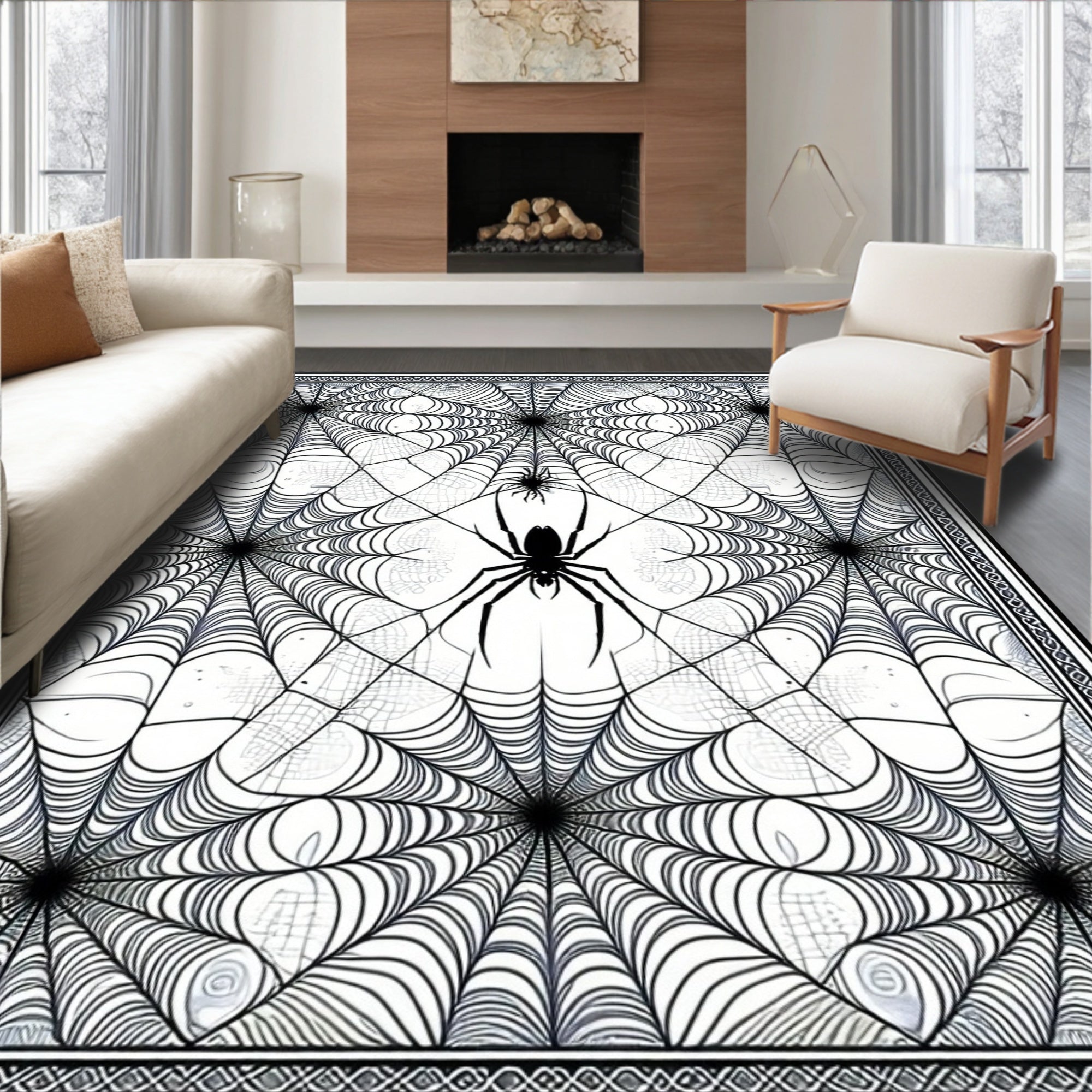 Eerie Black-and-white Spider Web Rug(Black)