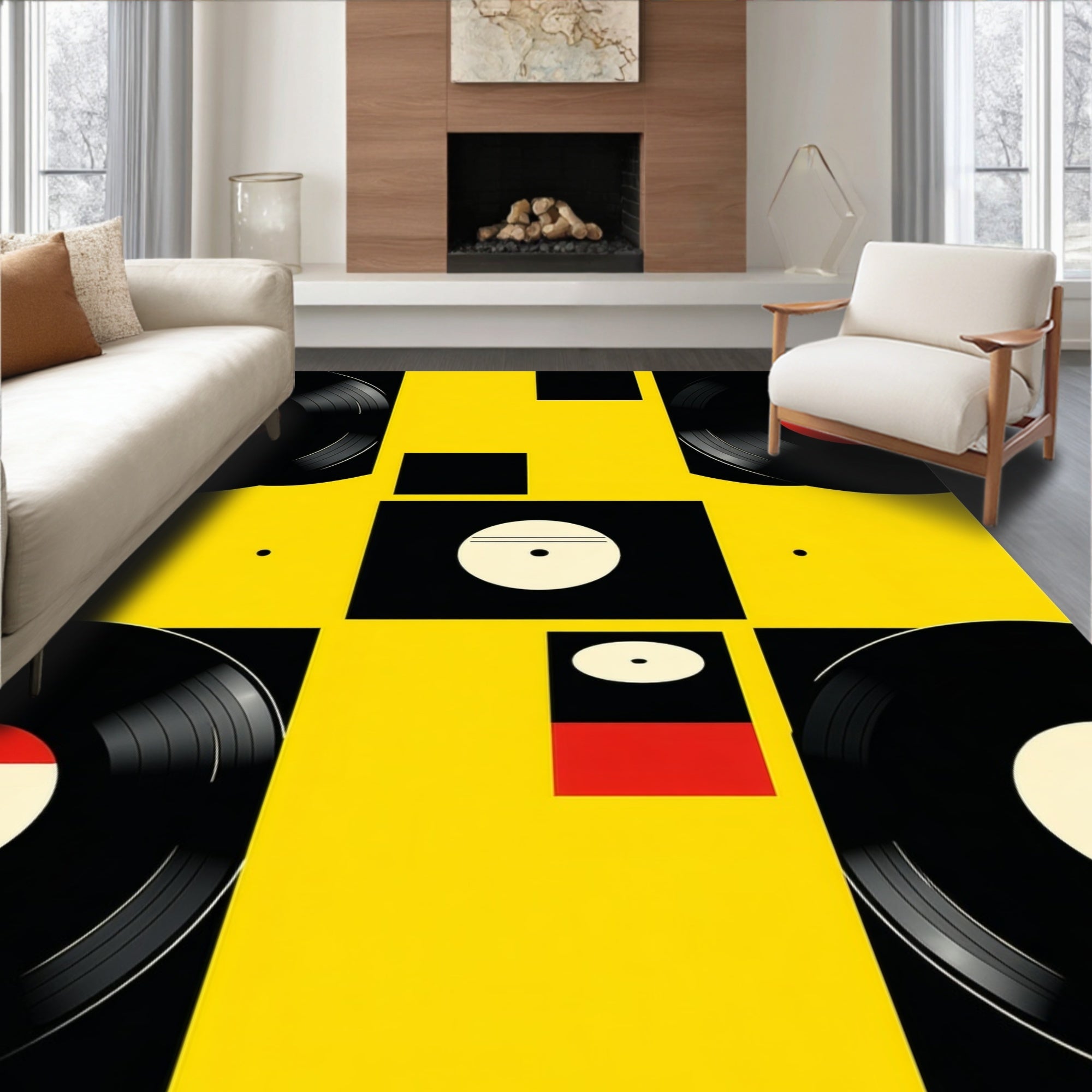 Bright Yellow Retro Vinyl Geometric Rug(Black)