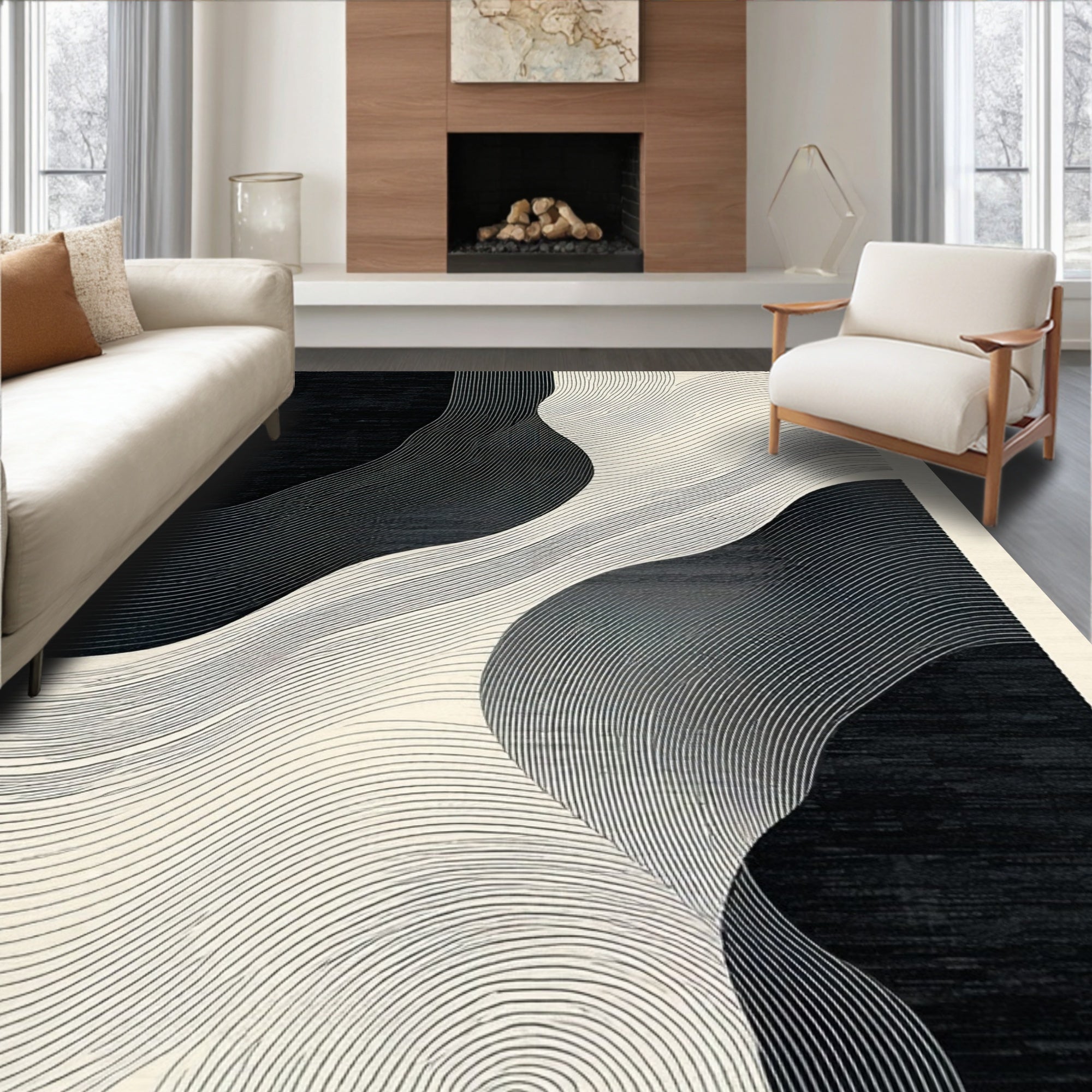 Sleek Black & White Wavy Rug(Black)