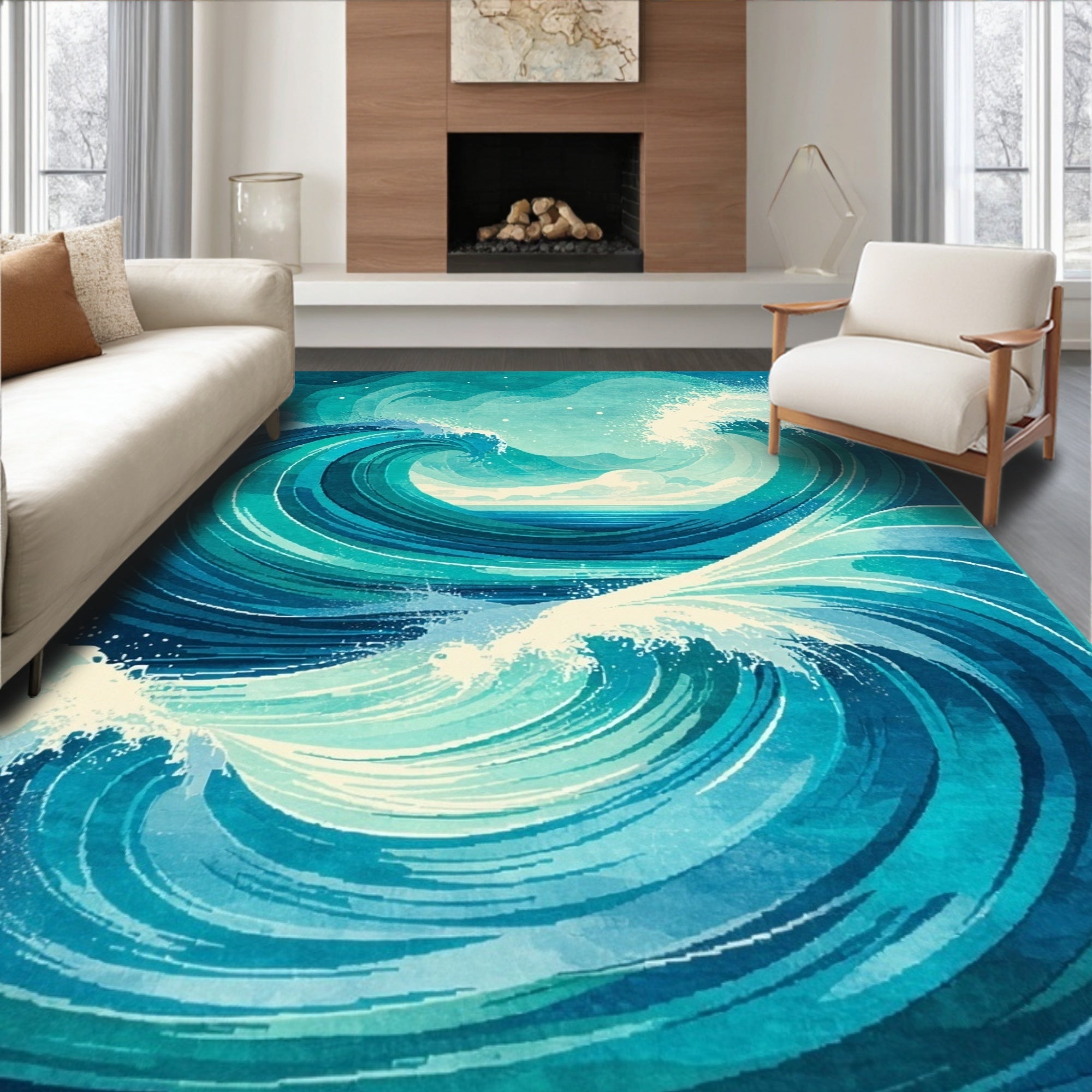 Vibrant Teal Ocean Wave Rug