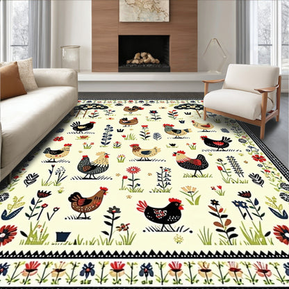Cheerful Cream Chicken Floral Rug(Ivory)