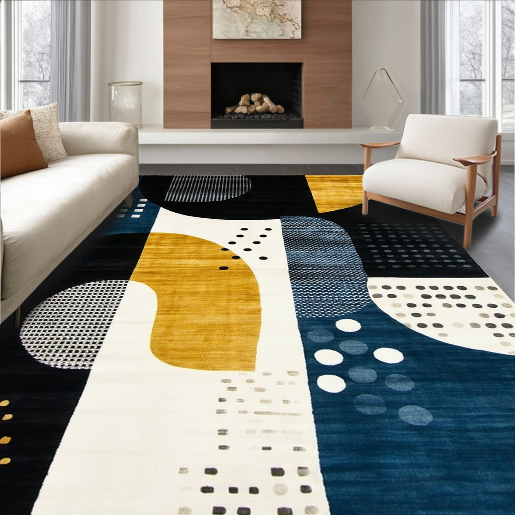 Modern Geometric Blue-Black-Mustard Rug