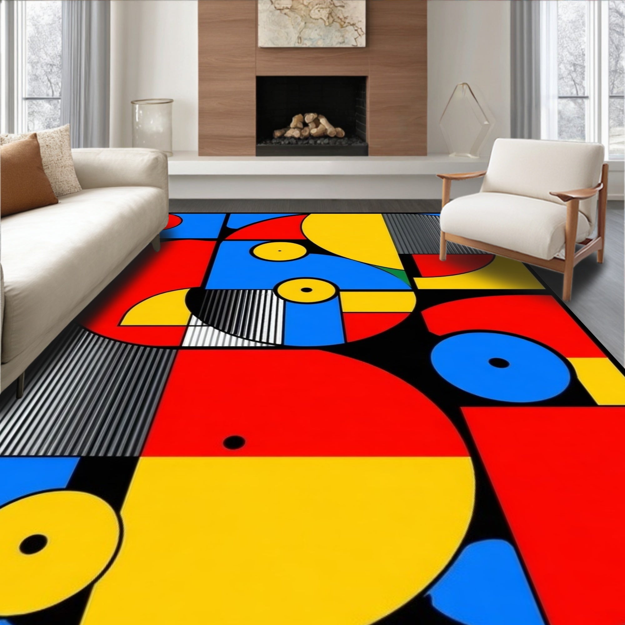 Vibrant Geometric Red Blue Yellow Rug