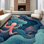 Teal-Coral Whimsical Octopus Wave Rug