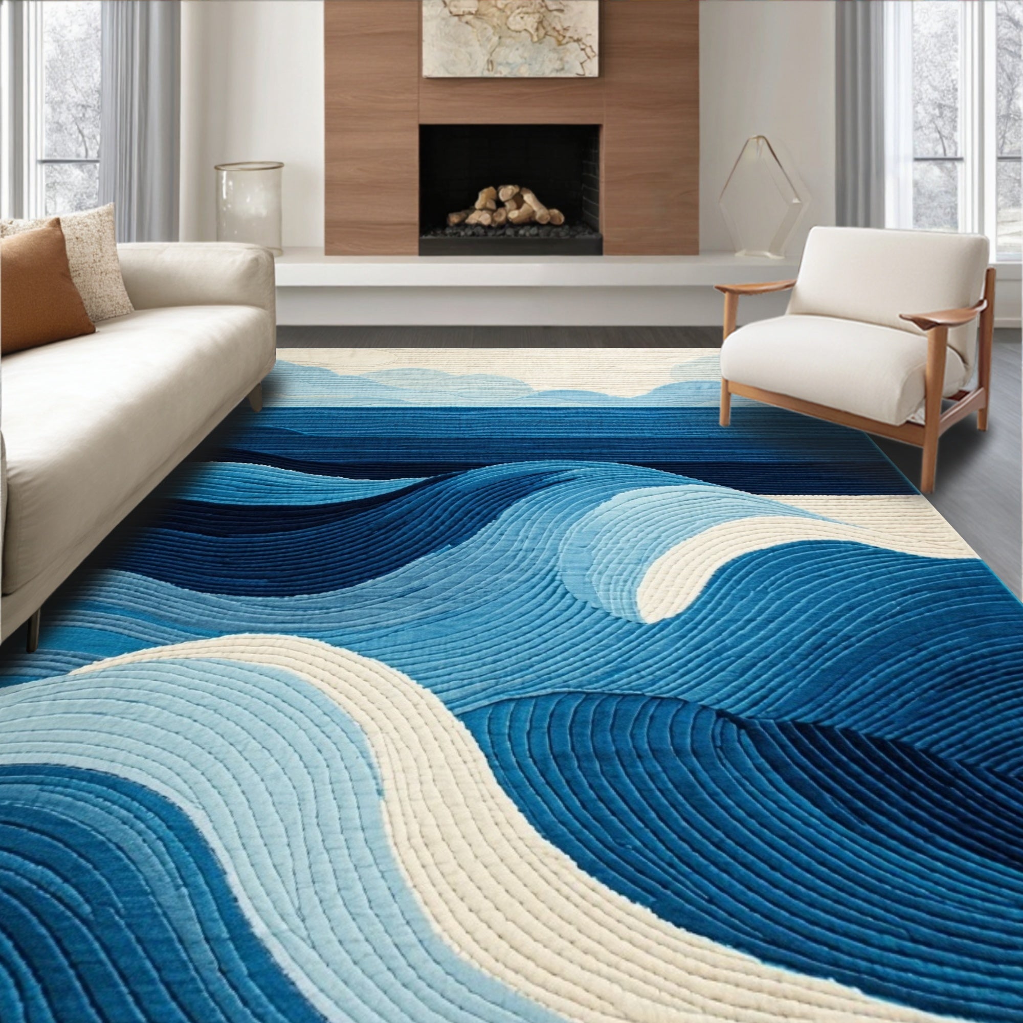 Serenely Blue Wave-Patterned Rug